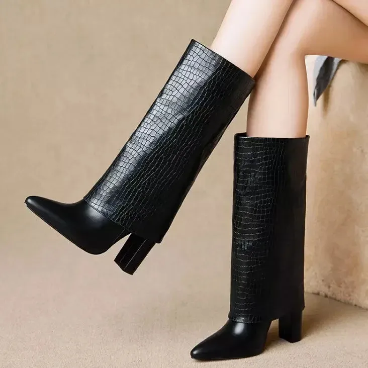 Folded stone print chunky / thick heeled boots