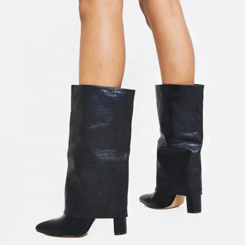 Folded stone print chunky / thick heeled boots