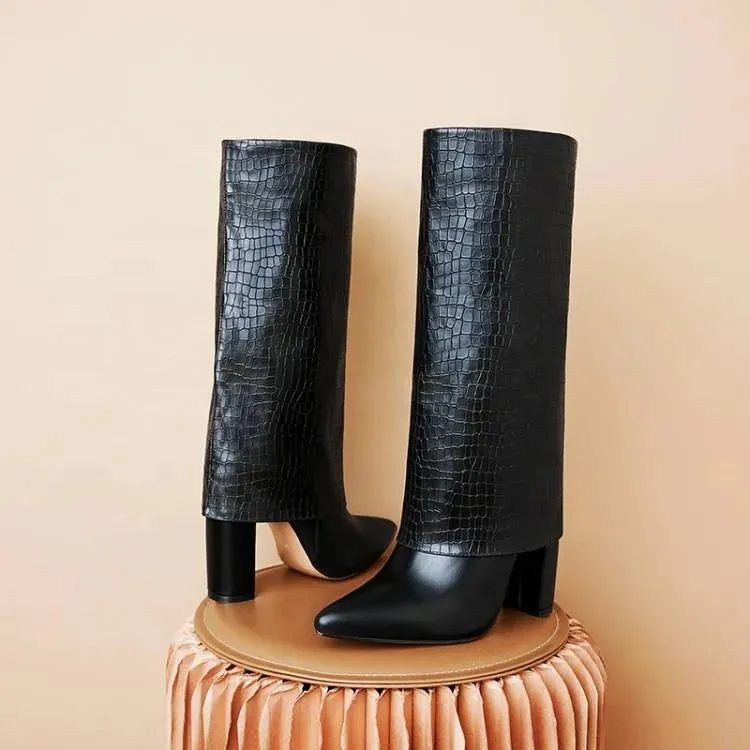 Folded stone print chunky / thick heeled boots
