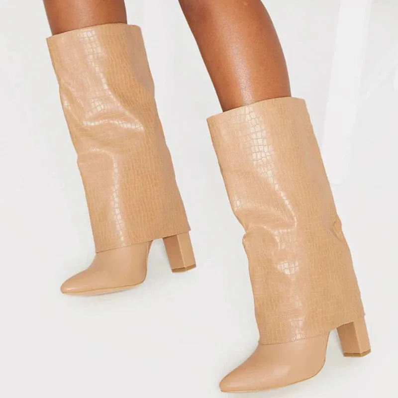 Folded stone print chunky / thick heeled boots