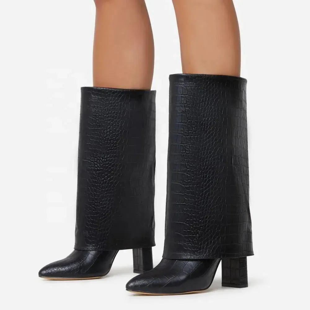 Folded stone print chunky / thick heeled boots