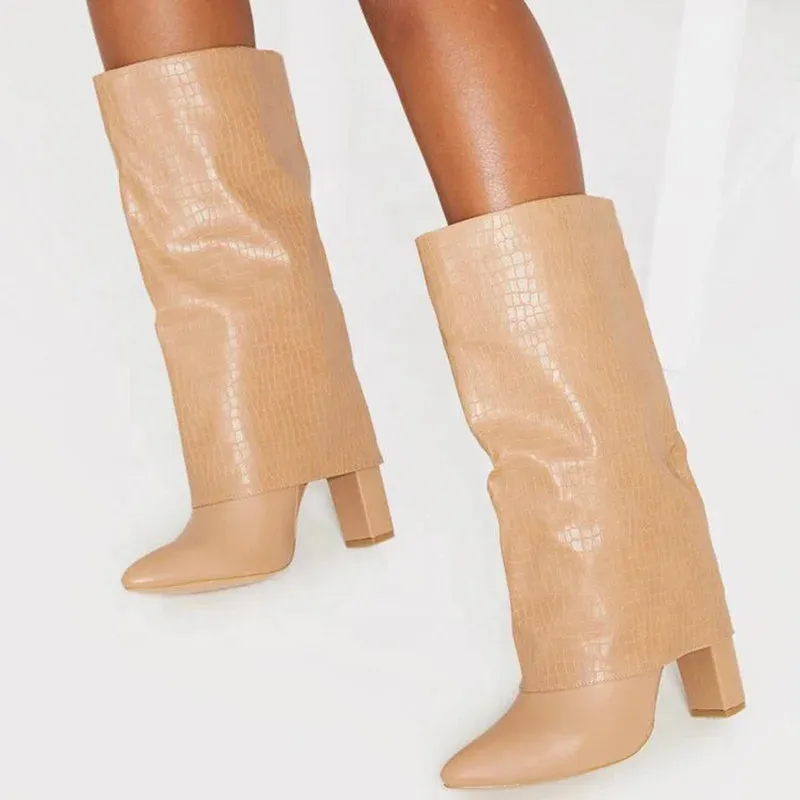 Folded stone print chunky / thick heeled boots