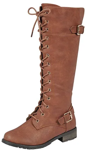 Forever Link Mango-27 Women's Strappy Lace-up Knee High Combat Stacked Heel Boot (10)