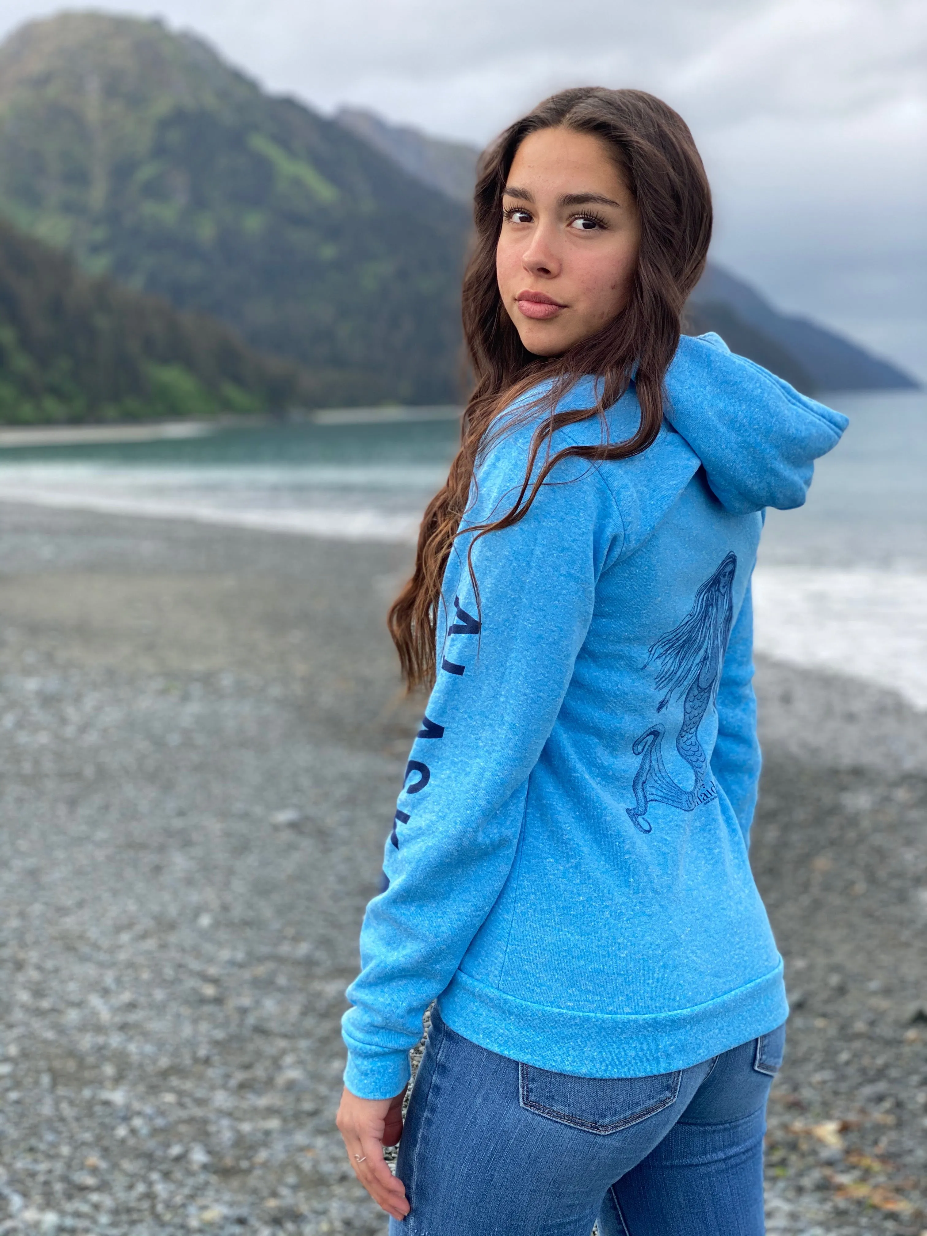 Forgetmenot Blue AK Mermaid with ALASKA sleeve Triblend Pullover Hoody $68.00