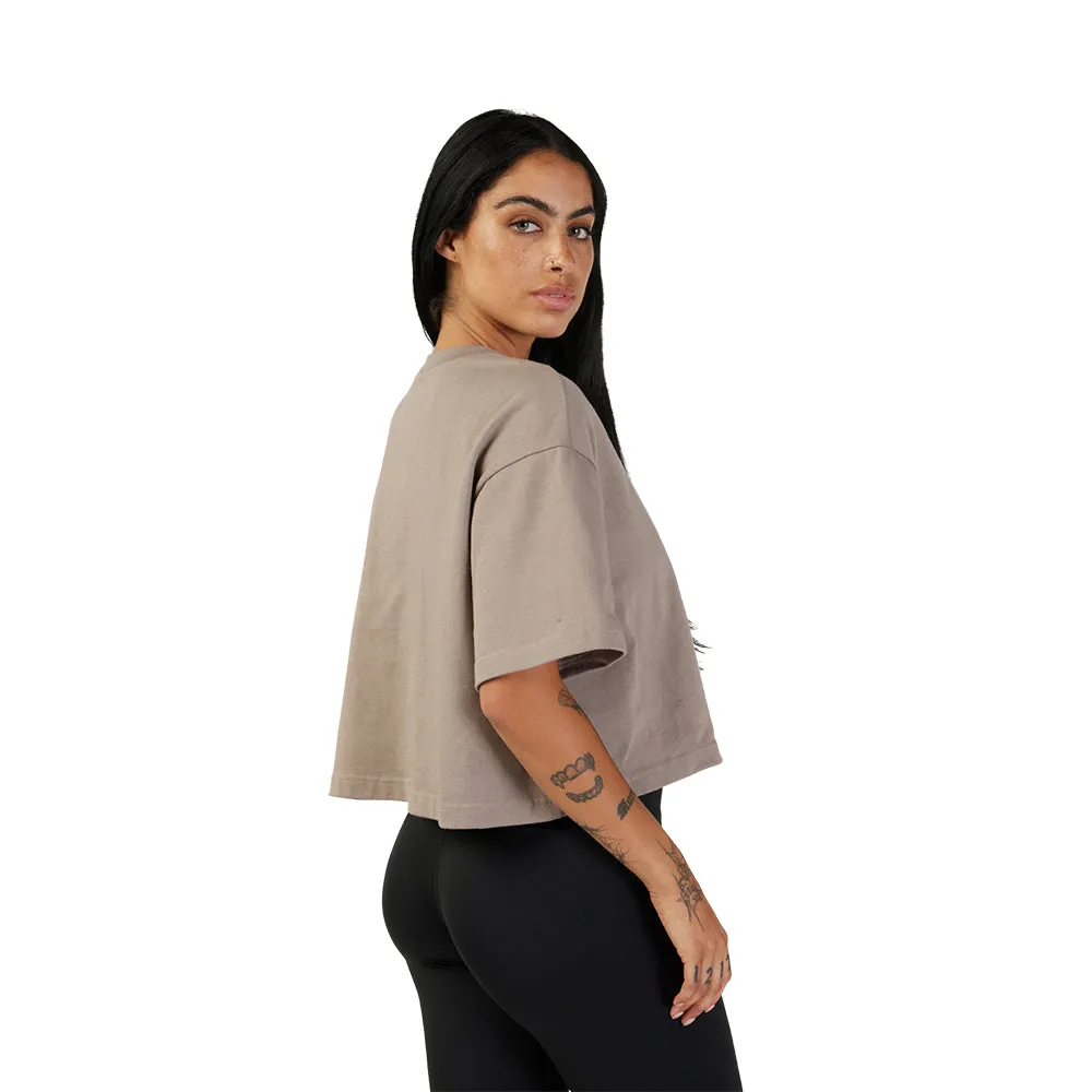 FOX WOMENS WORDMARK OS CROP TEE [TAUPE]