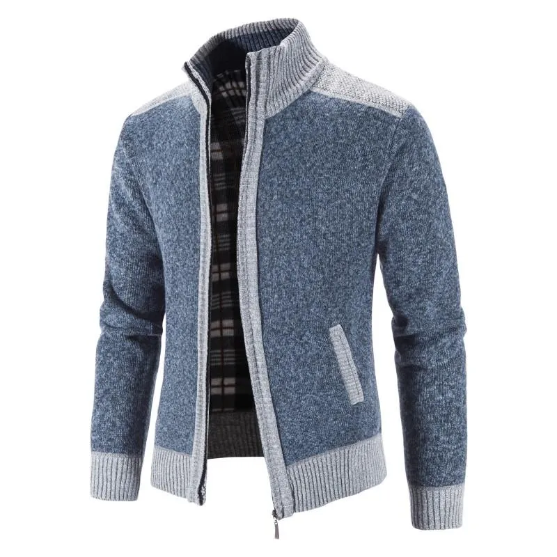 (Free Shipping) New Men Sweater Coat Fashion Patchwork Cardigan Men Thick Knitted Sweater Jacket Slim Fit Stand Collar