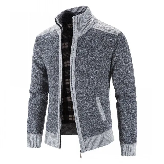 (Free Shipping) New Men Sweater Coat Fashion Patchwork Cardigan Men Thick Knitted Sweater Jacket Slim Fit Stand Collar