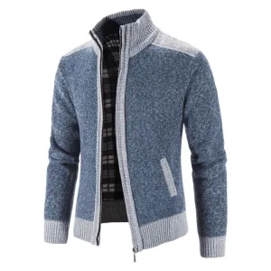 (Free Shipping) New Men Sweater Coat Fashion Patchwork Cardigan Men Thick Knitted Sweater Jacket Slim Fit Stand Collar