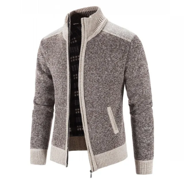 (Free Shipping) New Men Sweater Coat Fashion Patchwork Cardigan Men Thick Knitted Sweater Jacket Slim Fit Stand Collar