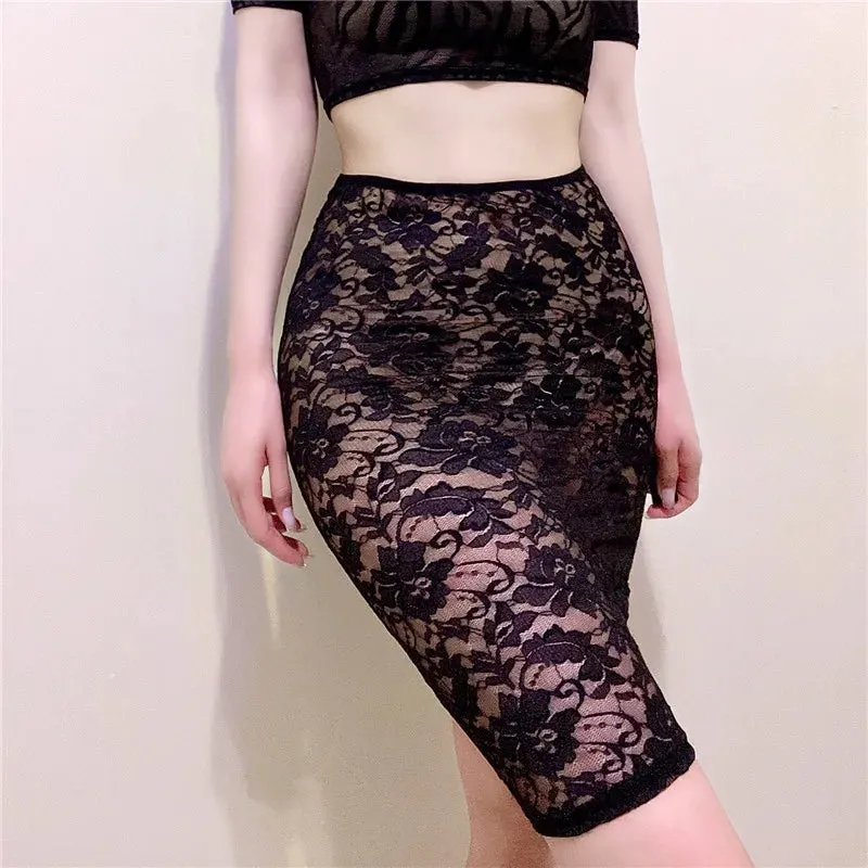 FREEAUCE Sexy Black Wrap Mini Pencil See Through Skirt for Women