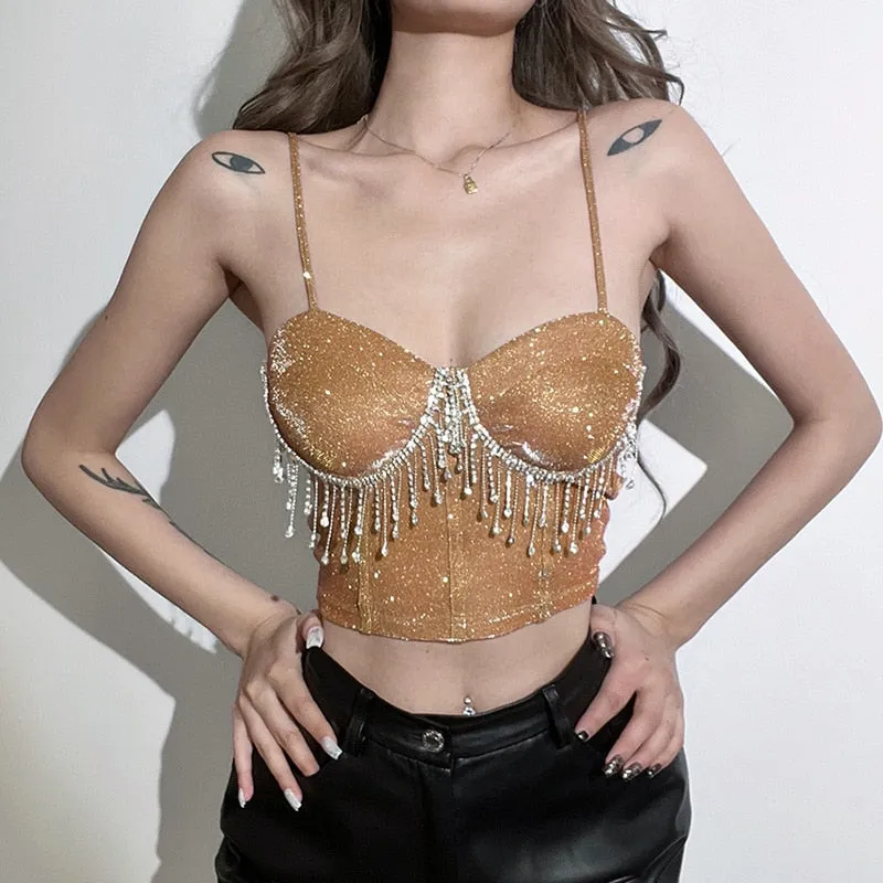 Full Beads Female Corset Top Camis Nightclub Sexy Rhinestones Short Chest Binder Camisole Women Push Up Tassel Strap Crop Top