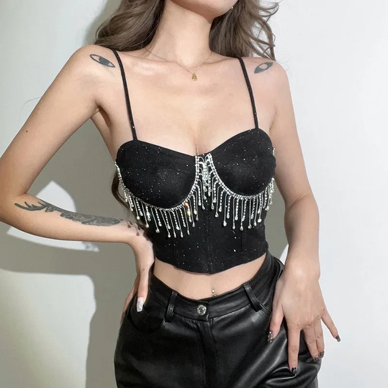 Full Beads Female Corset Top Camis Nightclub Sexy Rhinestones Short Chest Binder Camisole Women Push Up Tassel Strap Crop Top