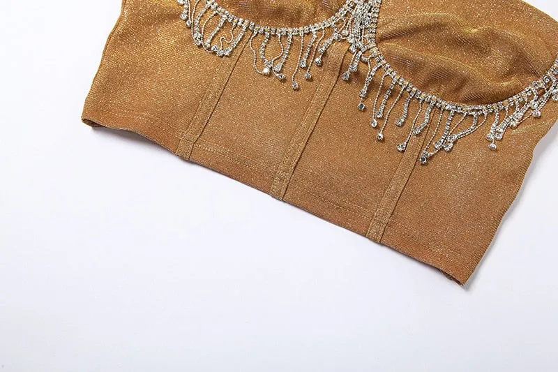 Full Beads Female Corset Top Camis Nightclub Sexy Rhinestones Short Chest Binder Camisole Women Push Up Tassel Strap Crop Top
