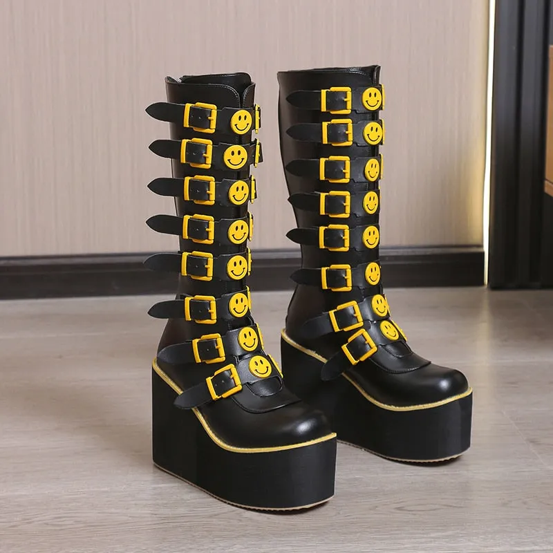 Funki Buys | Boots | Women's Black Yellow Smiley Face Boots