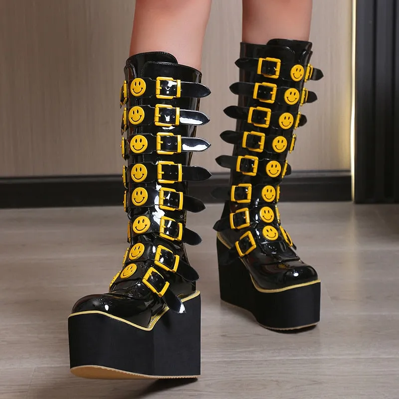 Funki Buys | Boots | Women's Black Yellow Smiley Face Boots