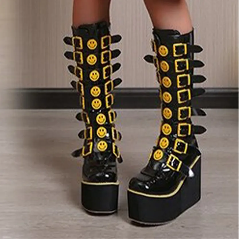 Funki Buys | Boots | Women's Black Yellow Smiley Face Boots