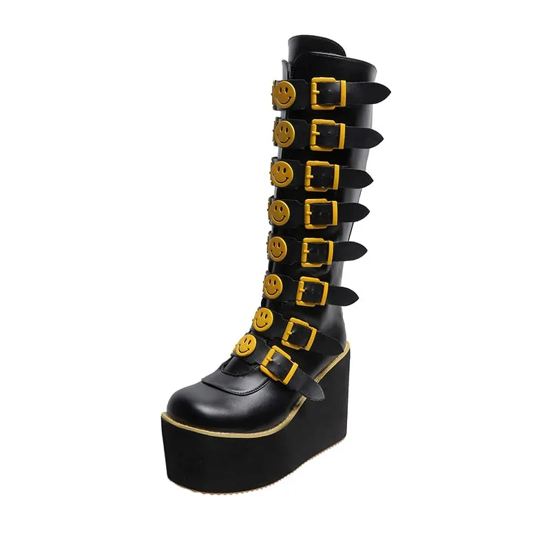 Funki Buys | Boots | Women's Black Yellow Smiley Face Boots