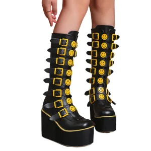 Funki Buys | Boots | Women's Black Yellow Smiley Face Boots