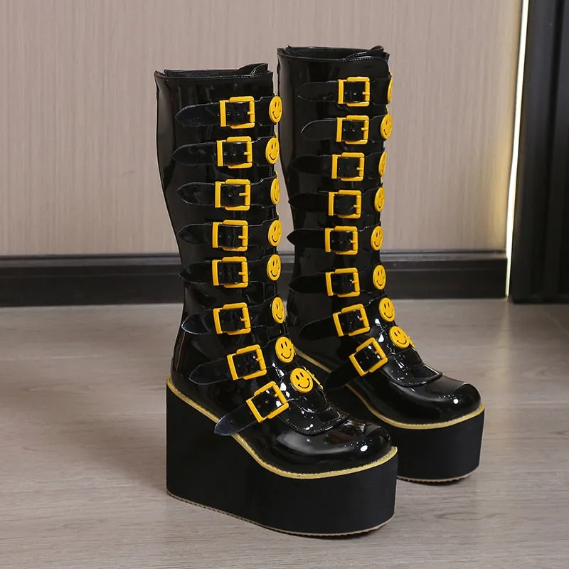 Funki Buys | Boots | Women's Black Yellow Smiley Face Boots