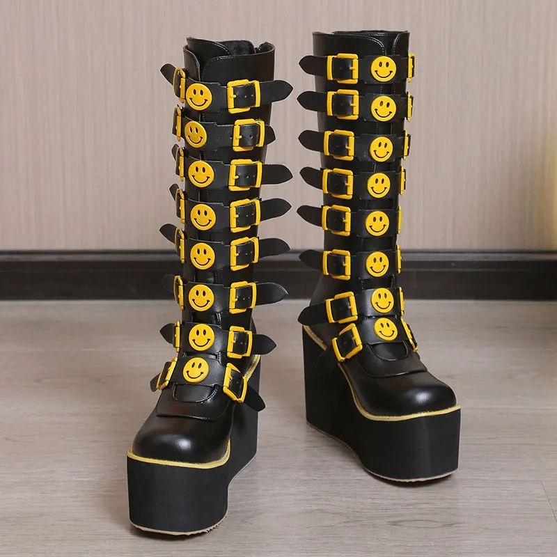 Funki Buys | Boots | Women's Black Yellow Smiley Face Boots