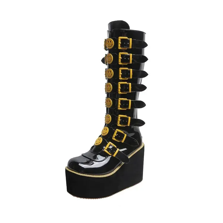 Funki Buys | Boots | Women's Black Yellow Smiley Face Boots