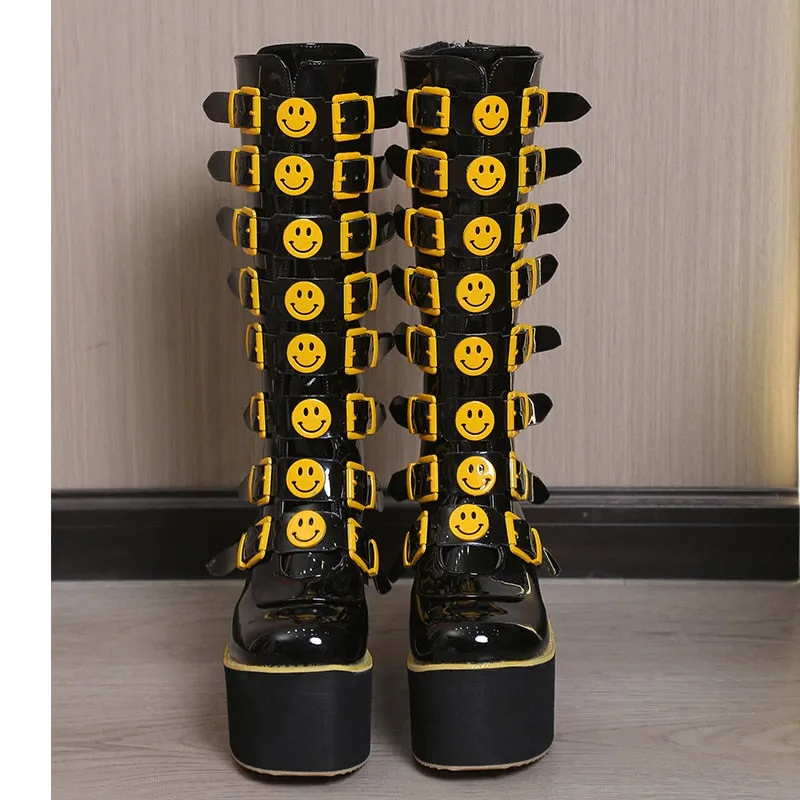 Funki Buys | Boots | Women's Black Yellow Smiley Face Boots