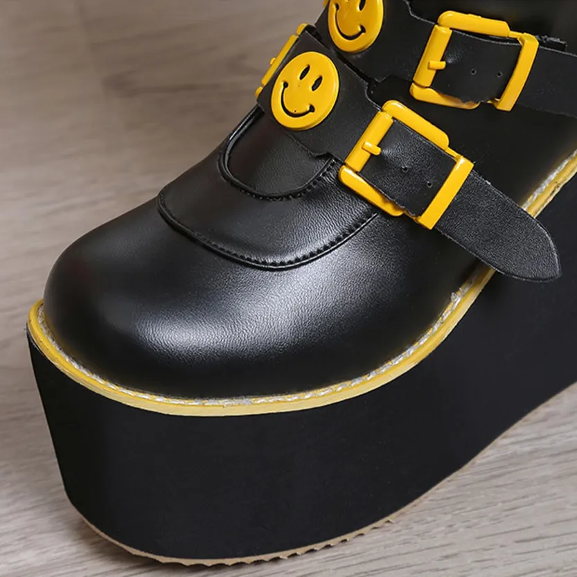 Funki Buys | Boots | Women's Black Yellow Smiley Face Boots