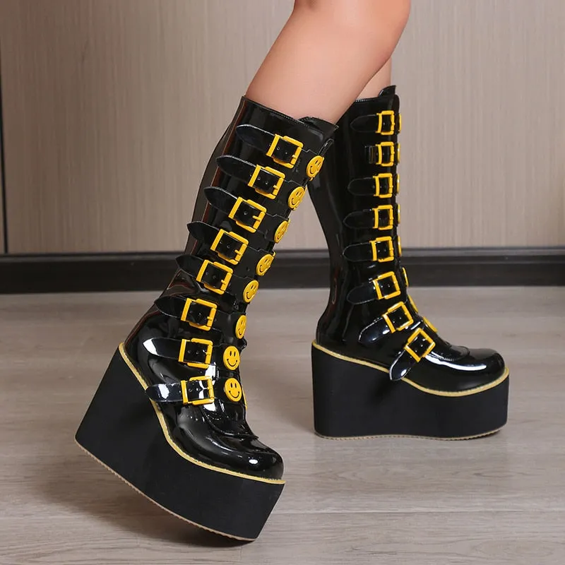 Funki Buys | Boots | Women's Black Yellow Smiley Face Boots