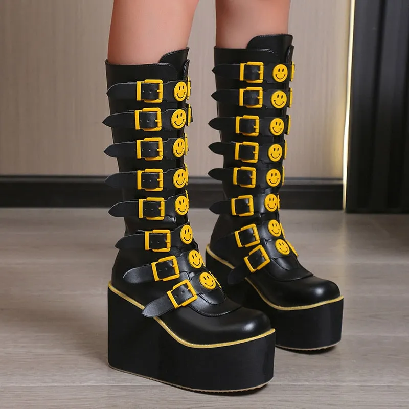 Funki Buys | Boots | Women's Black Yellow Smiley Face Boots