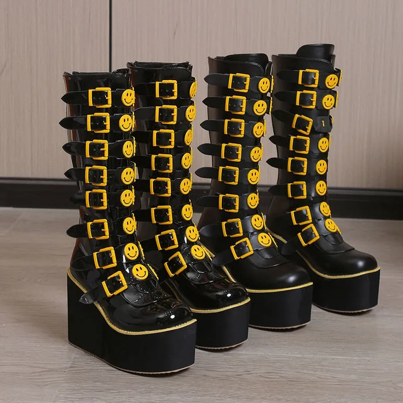 Funki Buys | Boots | Women's Black Yellow Smiley Face Boots