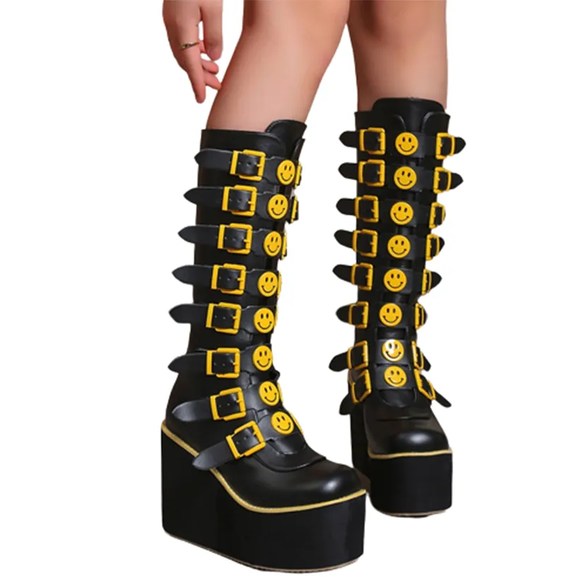 Funki Buys | Boots | Women's Black Yellow Smiley Face Boots