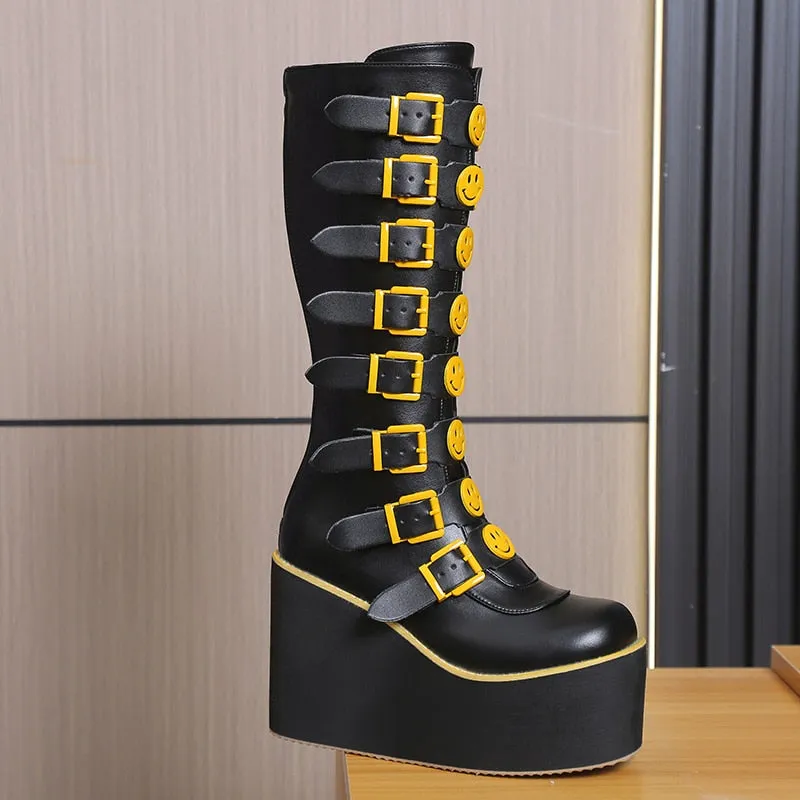 Funki Buys | Boots | Women's Black Yellow Smiley Face Boots
