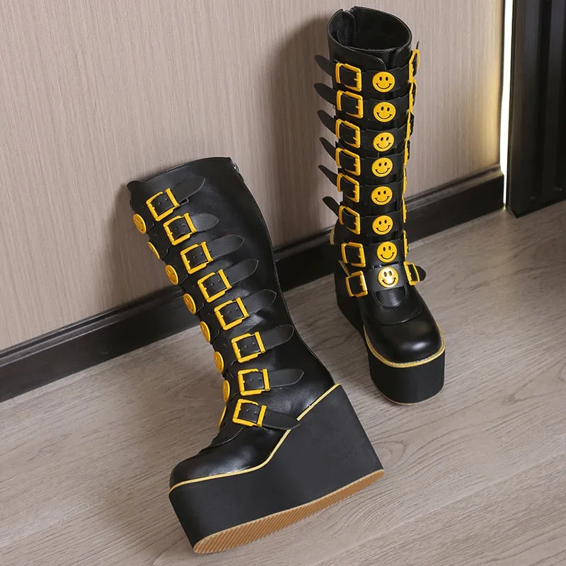 Funki Buys | Boots | Women's Black Yellow Smiley Face Boots
