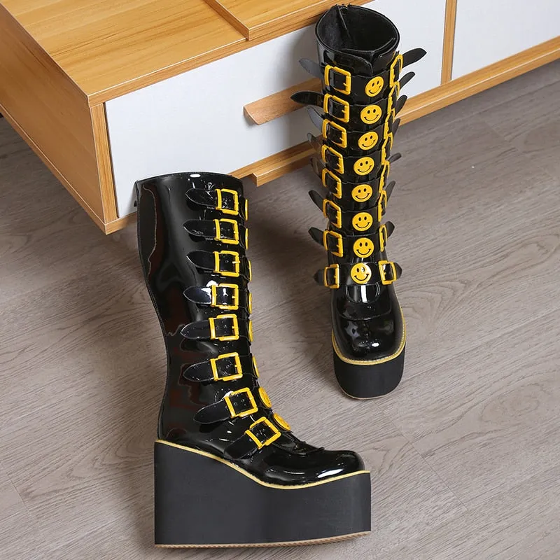 Funki Buys | Boots | Women's Black Yellow Smiley Face Boots