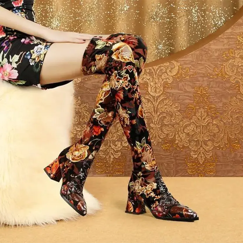 Funki Buys | Boots | Women's Over Knee Flower Embroider Boot