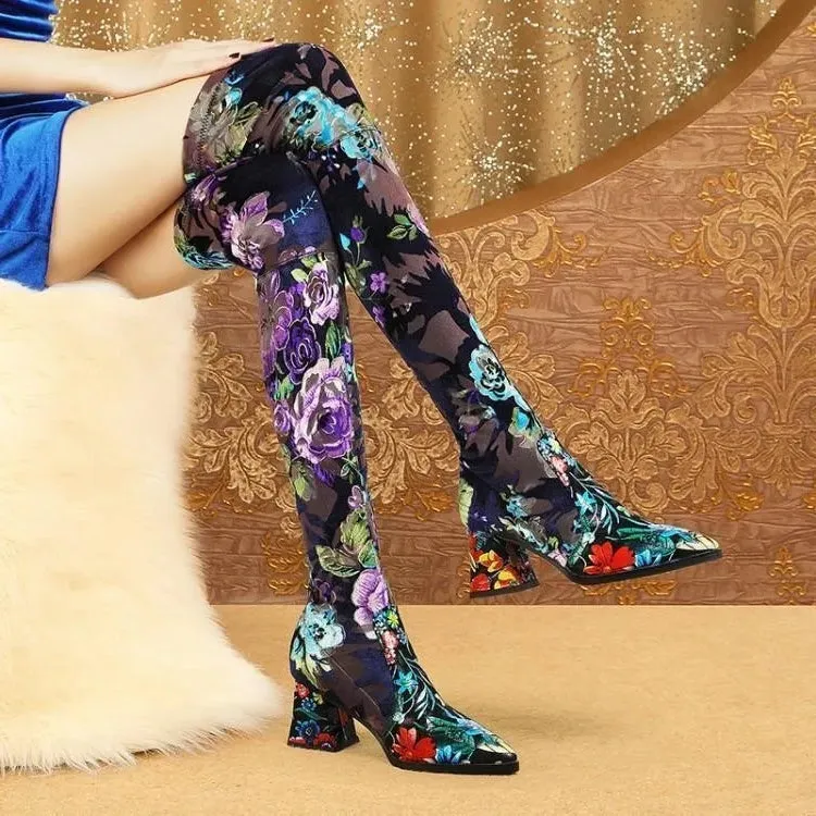 Funki Buys | Boots | Women's Over Knee Flower Embroider Boot