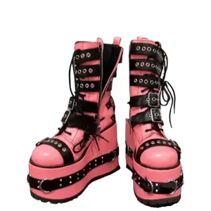 Funki Buys | Boots | Women's Pink Platform Belt Buckle Boots