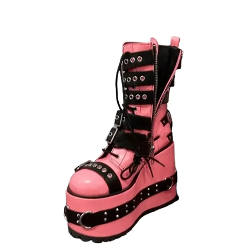 Funki Buys | Boots | Women's Pink Platform Belt Buckle Boots