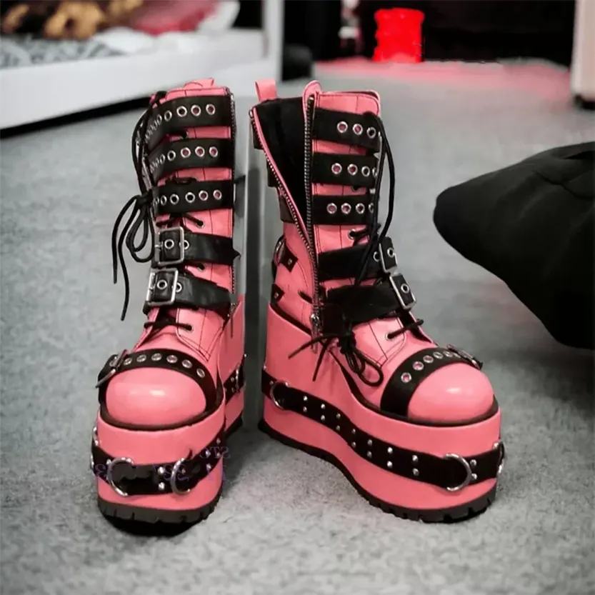 Funki Buys | Boots | Women's Pink Platform Belt Buckle Boots