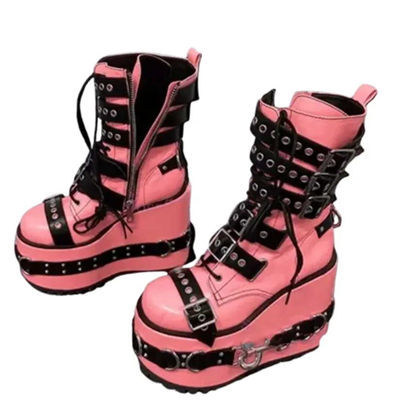 Funki Buys | Boots | Women's Pink Platform Belt Buckle Boots