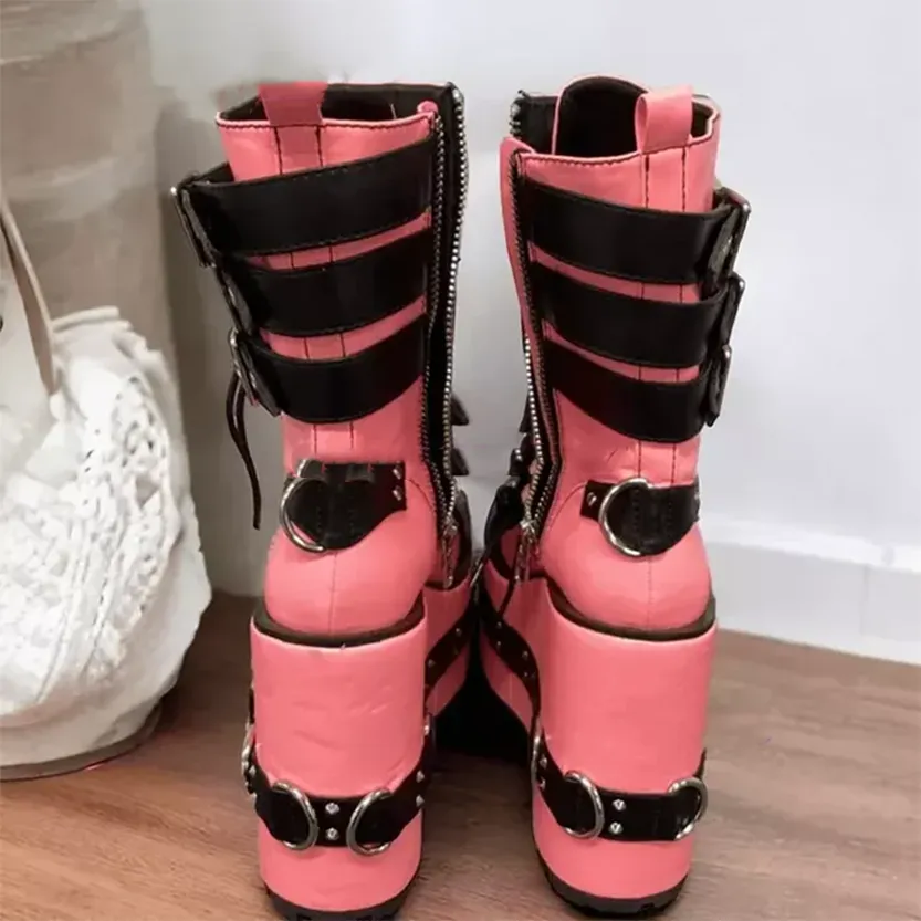 Funki Buys | Boots | Women's Pink Platform Belt Buckle Boots