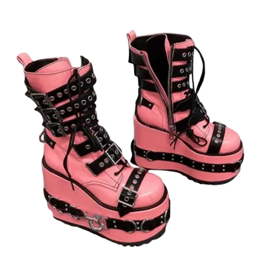 Funki Buys | Boots | Women's Pink Platform Belt Buckle Boots