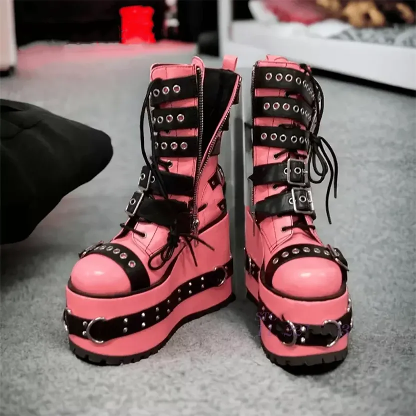 Funki Buys | Boots | Women's Pink Platform Belt Buckle Boots