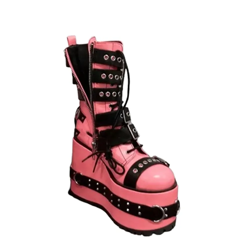 Funki Buys | Boots | Women's Pink Platform Belt Buckle Boots