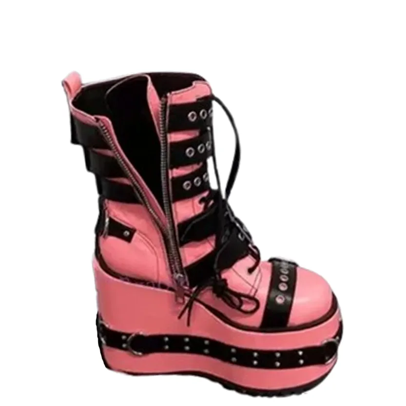 Funki Buys | Boots | Women's Pink Platform Belt Buckle Boots