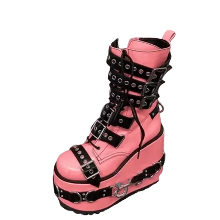 Funki Buys | Boots | Women's Pink Platform Belt Buckle Boots