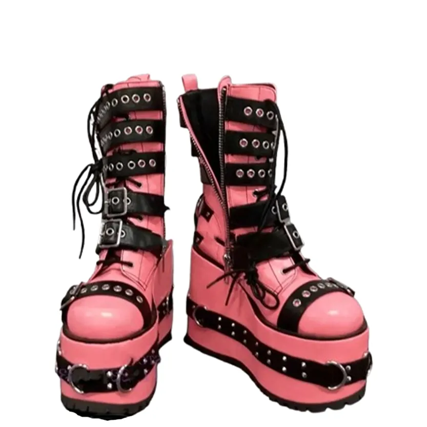 Funki Buys | Boots | Women's Pink Platform Belt Buckle Boots