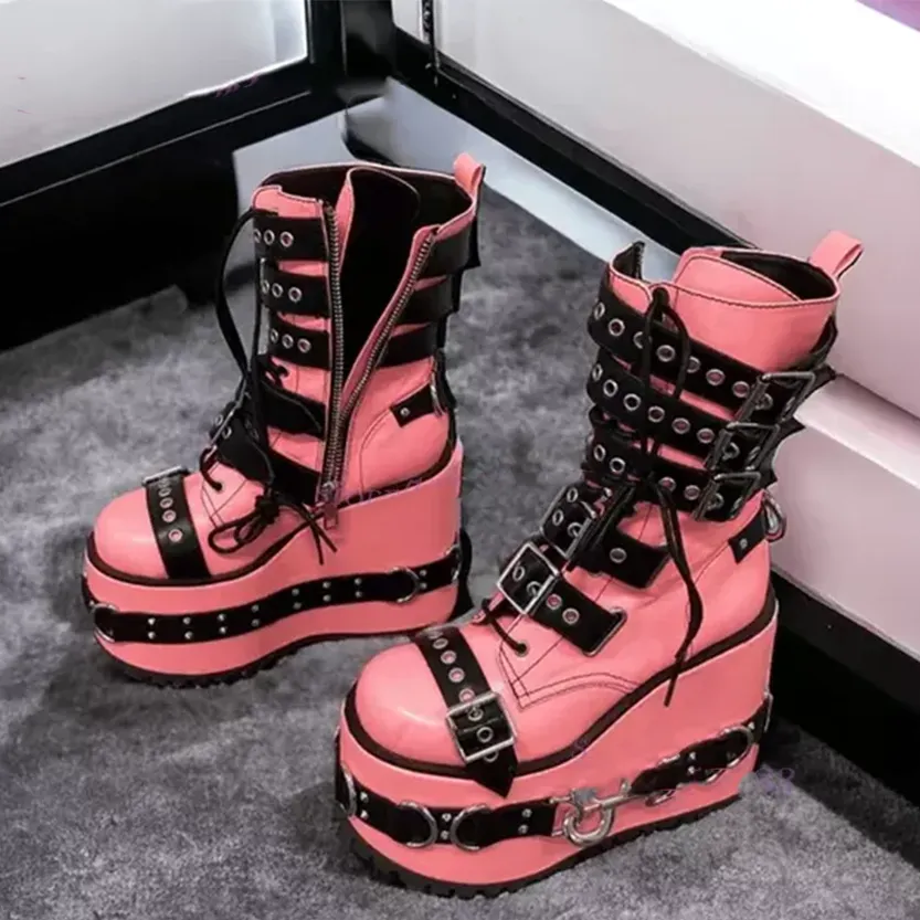 Funki Buys | Boots | Women's Pink Platform Belt Buckle Boots