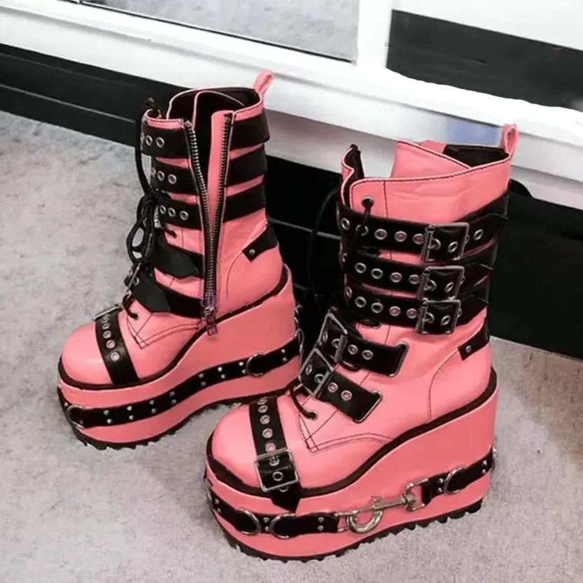 Funki Buys | Boots | Women's Pink Platform Belt Buckle Boots
