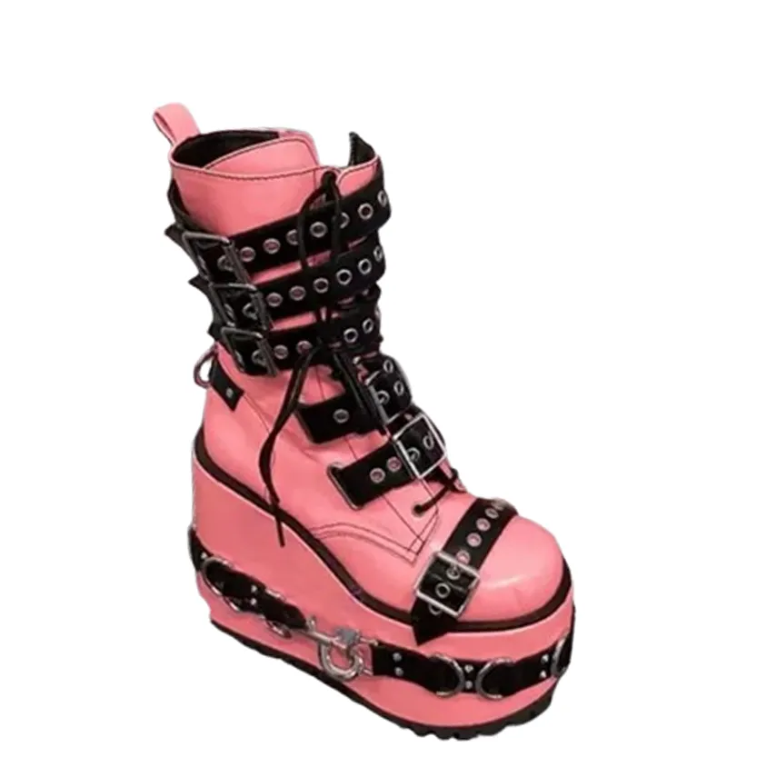 Funki Buys | Boots | Women's Pink Platform Belt Buckle Boots